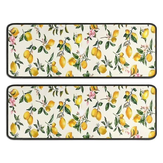 Kitchen Rugs Sets Of 2,Yellow Lemon Fruit Flowers Yellow Pattern Anti Fatigue Kitchen Mat Rugs Non Slip Washable,Decorative Kitchen Floor Mats for Kitchen,Sink,Laundry,17"x47"+17"x47"