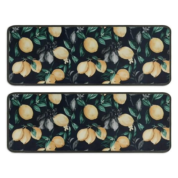 Kitchen Rugs Sets Of 2,Yellow Lemon Fruit Leaves Black Pattern Anti Fatigue Kitchen Mat Rugs Non Slip Washable,Decorative Kitchen Floor Mats for Kitchen,Sink,Laundry,17"x47"+17"x47"