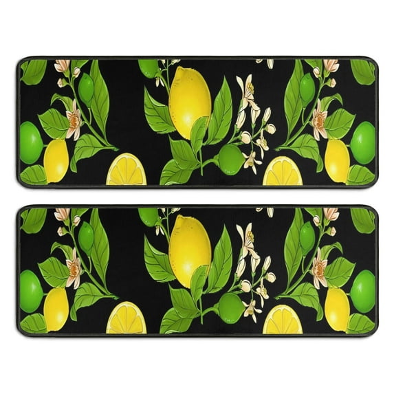 Kitchen Rugs Sets Of 2,Yellow Lemon Fruit Limes Black Pattern Anti Fatigue Kitchen Mat Rugs Non Slip Washable,Decorative Kitchen Floor Mats for Kitchen,Sink,Laundry,17"x47"+17"x47"