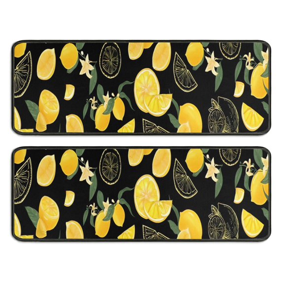 Kitchen Rugs Sets Of 2,Yellow Lemon Fruit Slices Black Pattern Anti Fatigue Kitchen Mat Rugs Non Slip Washable,Decorative Kitchen Floor Mats for Kitchen,Sink,Laundry,17"x47"+17"x47"