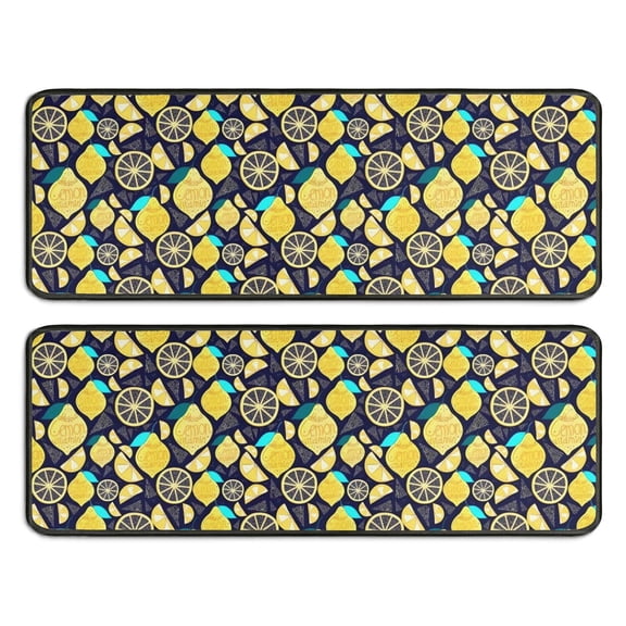 Kitchen Rugs Sets Of 2,Yellow Lemon Fruit Slices DarkBlue Pattern Anti Fatigue Kitchen Mat Rugs Non Slip Washable,Decorative Kitchen Floor Mats for Kitchen,Sink,Laundry,17"x47"+17"x47"