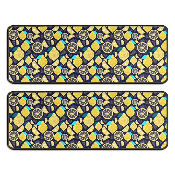 Kitchen Rugs Sets Of 2,Yellow Lemon Fruit Slices DarkBlue Pattern Anti Fatigue Kitchen Mat Rugs Non Slip Washable,Decorative Kitchen Floor Mats for Kitchen,Sink,Laundry,17"x47"+17"x47"