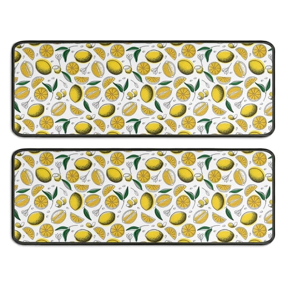 Kitchen Rugs Sets Of 2,Yellow Lemon Fruit Slices White Pattern Anti Fatigue Kitchen Mat Rugs Non Slip Washable,Decorative Kitchen Floor Mats for Kitchen,Sink,Laundry,17"x47"+17"x47"