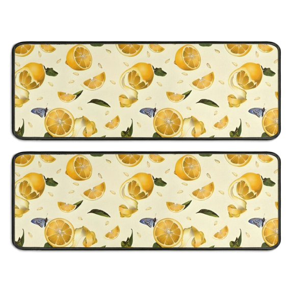 Kitchen Rugs Sets Of 2,Yellow Lemon Fruit Slices White Pattern Anti Fatigue Kitchen Mat Rugs Non Slip Washable,Decorative Kitchen Floor Mats for Kitchen,Sink,Laundry,17"x47"+17"x47"