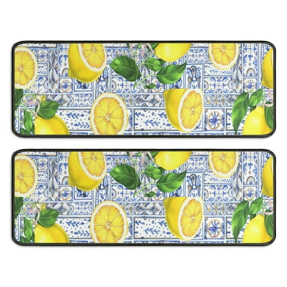 Kitchen Rugs Sets Of 2,Yellow Lemon Fruit Tiles Blue Pattern Anti Fatigue Kitchen Mat Rugs Non Slip Washable,Decorative Kitchen Floor Mats for Kitchen,Sink,Laundry,17"x47"+17"x47"