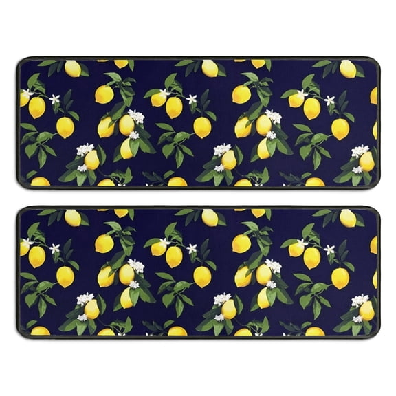 Kitchen Rugs Sets Of 2,Yellow Lemon Fruits DarkBlue Pattern Anti Fatigue Kitchen Mat Rugs Non Slip Washable,Decorative Kitchen Floor Mats for Kitchen,Sink,Laundry,17"x47"+17"x47"