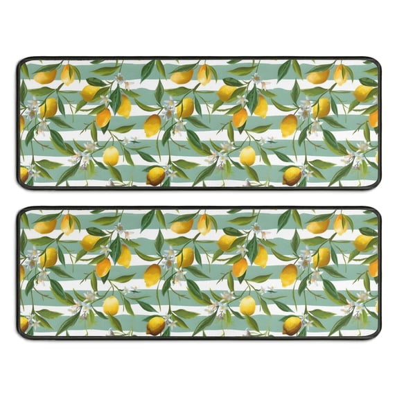 Kitchen Rugs Sets Of 2,Yellow Lemon Fruits StripedGreen Pattern Anti Fatigue Kitchen Mat Rugs Non Slip Washable,Decorative Kitchen Floor Mats for Kitchen,Sink,Laundry,17"x47"+17"x47"