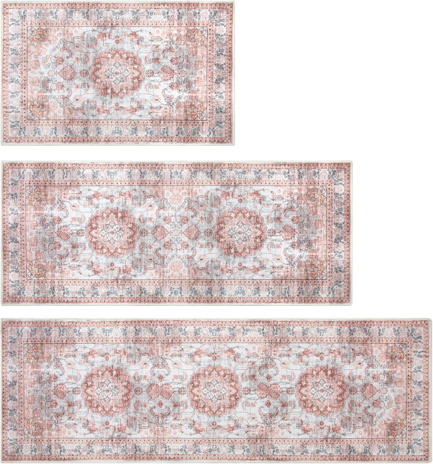 Kitchen Rugs Sets of 3 Kitchen Mats for Floor 3 Piece Set Non Slip Washable Pink Kitchen Mat Set Kitchen Runner Rug Carpet for Laundry Room Front Door
