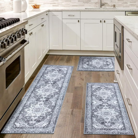 Kitchen Rugs Sets of 3 Non Slip Washable Kitchen Mats for Floor 3 Piece Kitchen Runner Rug Set Super Soft Area Rugs for Kitchen Laundry Room Entryway Grey
