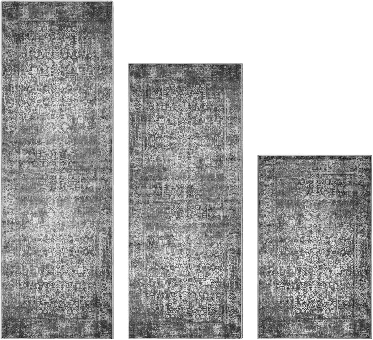 Kitchen Rugs Sets of 3 Non Slip Washable Kitchen Mats for Floor 3 Piece Set Blueish Black Kitchen Mat Set Boho Runner Carpets Absorbent for Laundry Room Hallway Sink Front Door