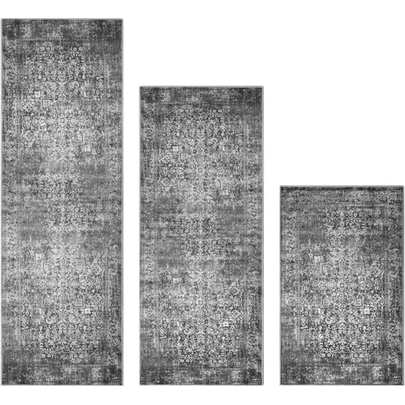 Kitchen Rugs Sets of 3 Non Slip Washable Kitchen Mats for Floor 3 Piece Set Blueish Black Kitchen Mat Set Boho Runner Carpets Absorbent for Laundry Room Hallway Sink Front Door