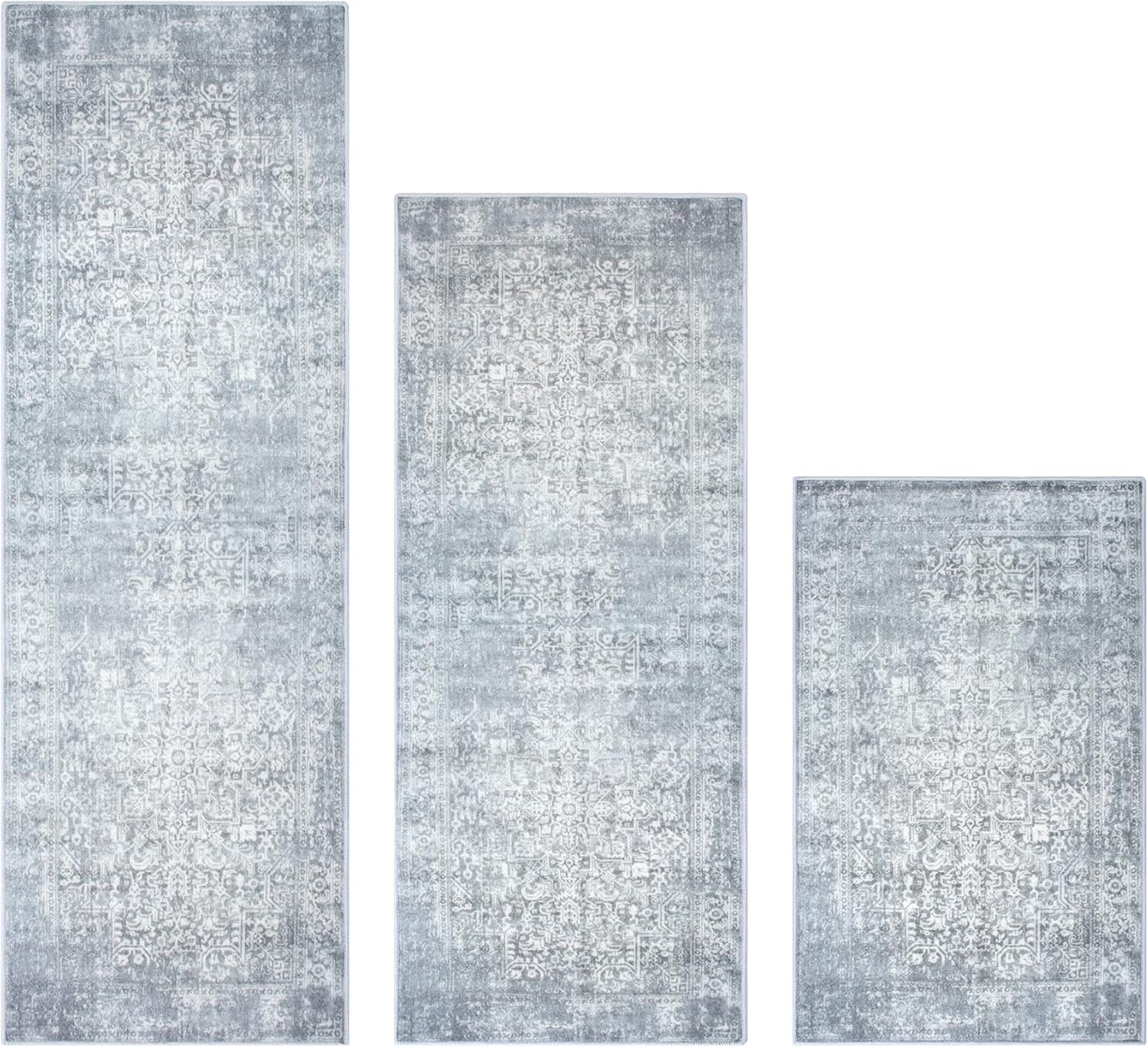 Kitchen Rugs Sets of 3 Non Slip Washable Kitchen Mats for Floor 3 Piece Set Boho Kitchen Rug Sets Gray Runner Carpets Absorbent for Laundry Room Hallway Sink