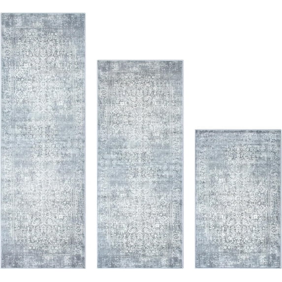 Kitchen Rugs Sets of 3 Non Slip Washable Kitchen Mats for Floor 3 Piece Set Boho Kitchen Rug Sets Gray Runner Carpets Absorbent for Laundry Room Hallway Sink