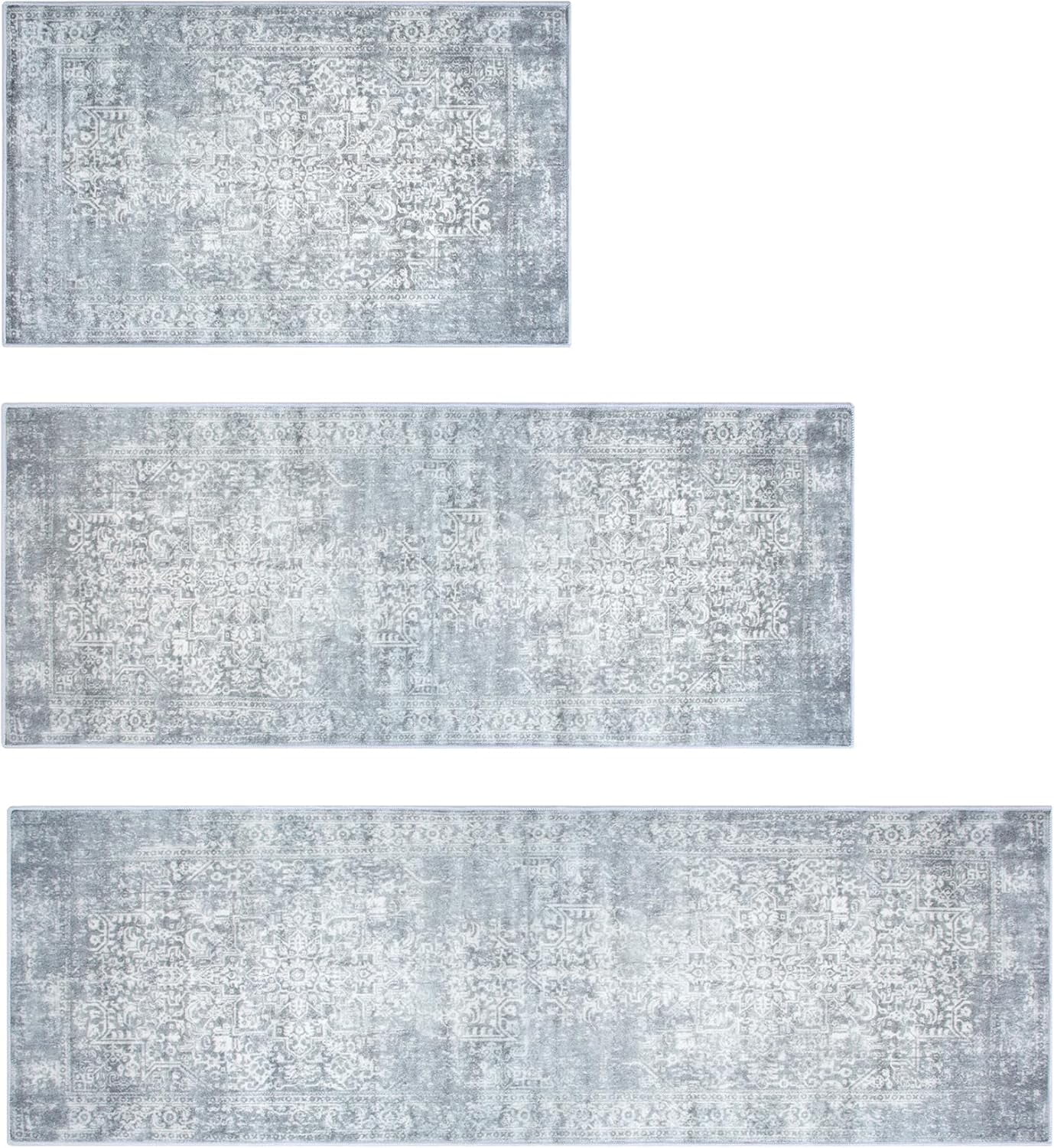 Kitchen Rugs Sets of 3 Non Slip Washable Kitchen Mats for Floor 3 Piece Set Grey Boho Kitchen Mat Set Kitchen Runner Rug Carpet for Laundry Room Front Door