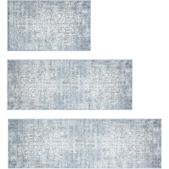 Kitchen Rugs Sets of 3 Non Slip Washable Kitchen Mats for Floor 3 Piece Set Grey Boho Kitchen Mat Set Kitchen Runner Rug Carpet for Laundry Room Front Door