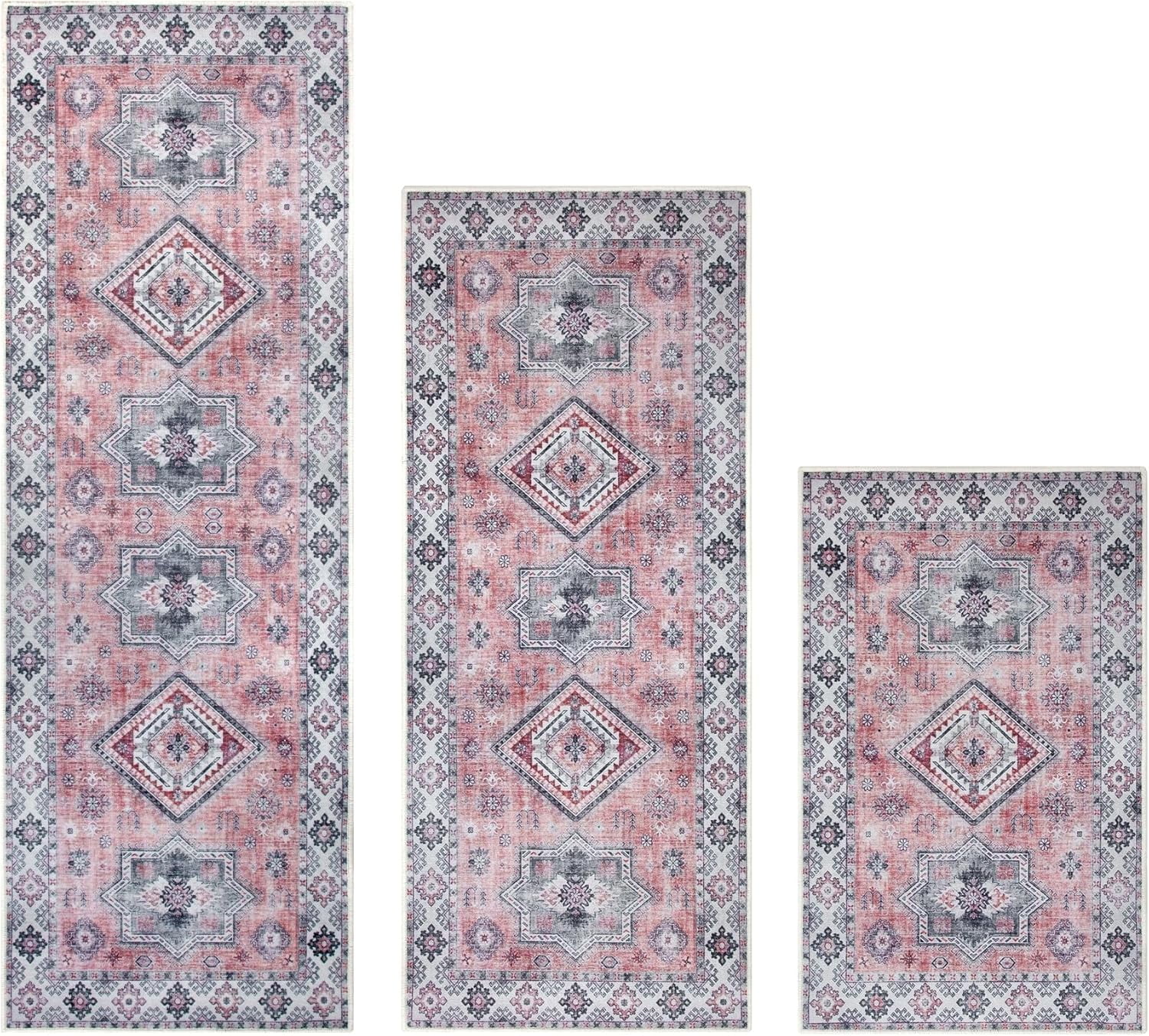Kitchen Rugs Sets of 3 Non Slip Washable Kitchen Mats for Floor 3 Piece Set Pink Kitchen Mat Set Boho Runner Rug Carpets for Kitchen Hallway Sink Front Door Laundry Room