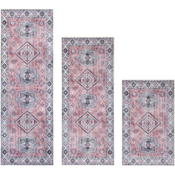 Kitchen Rugs Sets of 3 Non Slip Washable Kitchen Mats for Floor 3 Piece Set Pink Kitchen Mat Set Boho Runner Rug Carpets for Kitchen Hallway Sink Front Door Laundry Room
