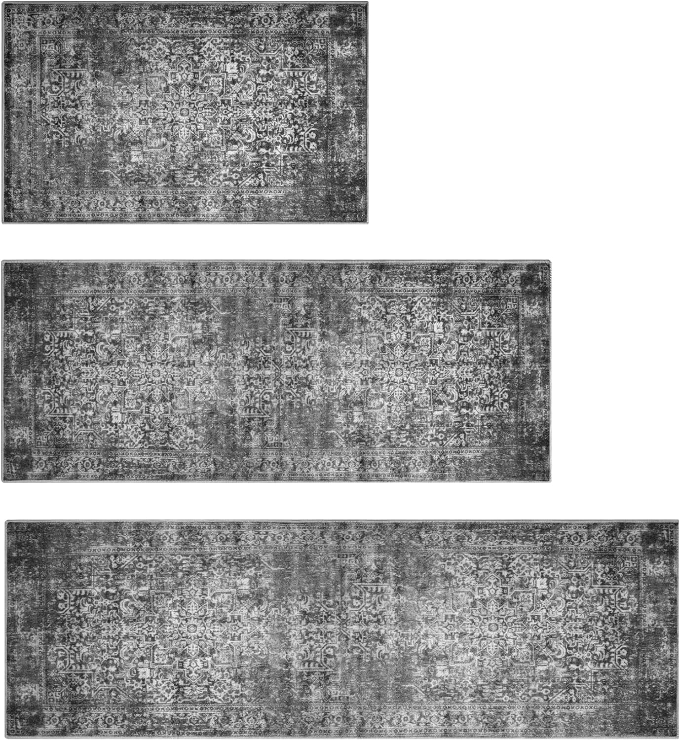 Kitchen Rugs Sets of 3 Non Slip Washable Kitchen Mats for Floor 3 Piece Set Turquoise Black Boho Kitchen Mat Set Kitchen Runner Rug Carpet for Laundry Room Front Door