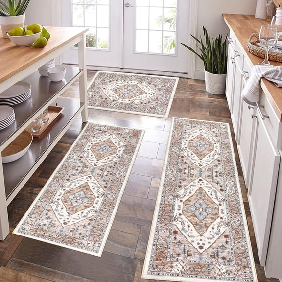Kitchen Rugs Sets of 3 Non Slip Washable Kitchen Mats for Floor Farmhouse Kitchen Floor Mat Runner Rug Boho Kitchen Sink Rug Carpet for Kitchen Hallway Laundry Room, Beige
