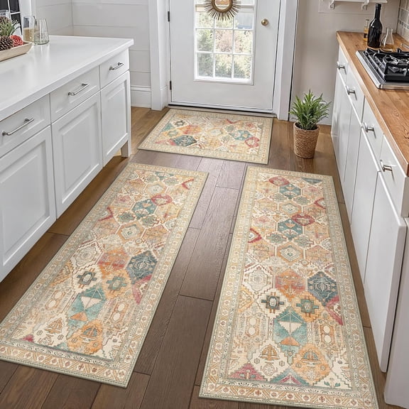 Kitchen Rugs Sets of 3 Non Slip Washable Kitchen Mats for Floor, Waterproof Abstract Kitchen Runner Rug, Floor Mat Carpet for Hallway, Laundry, Sink, Entryway, Bathroom, Retro Multi