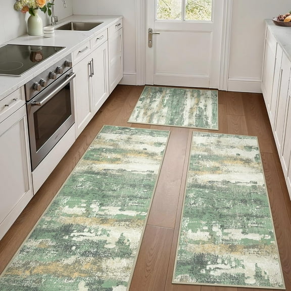 Kitchen Rugs Sets of 3 Non Slip Washable Kitchen Mats for Floor, Waterproof Abstract Kitchen Runner Rug, Floor Mat Carpet for Hallway, Laundry, Sink, Entryway, Bathroom, Green