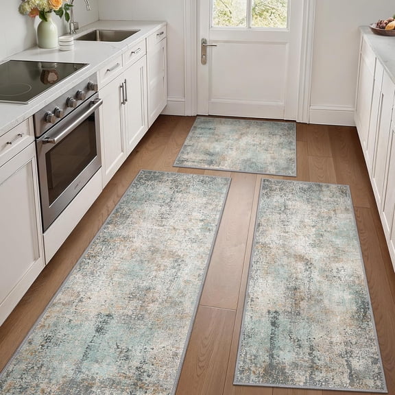 Kitchen Rugs Sets of 3 Non Slip Washable Kitchen Mats for Floor, Waterproof Abstract Kitchen Runner Rug, Floor Mat Carpet for Hallway, Laundry, Sink, Entryway, Bathroom, Green&Brown