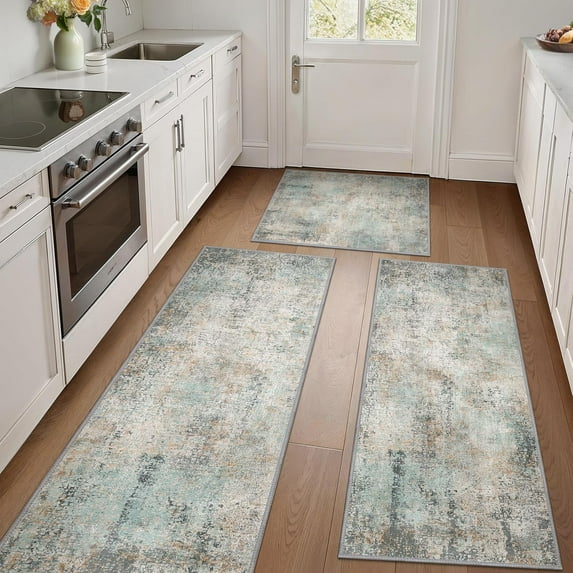 Kitchen Rugs Sets of 3 Non Slip Washable Kitchen Mats for Floor, Waterproof Abstract Kitchen Runner Rug, Floor Mat Carpet for Hallway, Laundry, Sink, Entryway, Bathroom, Green&Brown