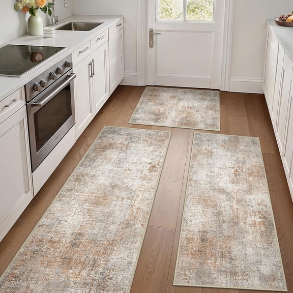 Kitchen Rugs Sets of 3 Non Slip Washable Kitchen Mats for Floor, Waterproof Abstract Kitchen Runner Rug, Floor Mat Carpet for Hallway, Laundry, Sink, Entryway, Bathroom, Clay