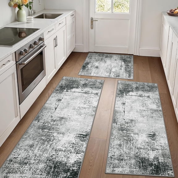Kitchen Rugs Sets of 3 Non Slip Washable Kitchen Mats for Floor, Waterproof Abstract Kitchen Runner Rug, Floor Mat Carpet for Hallway, Laundry, Sink, Entryway, Bathroom, Grey&White