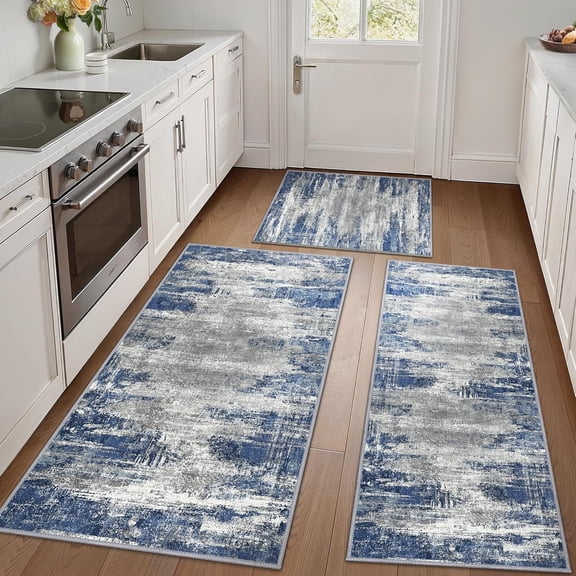 Kitchen Rugs Sets of 3 Non Slip Washable Kitchen Mats for Floor, Waterproof Abstract Kitchen Runner Rug, Floor Mat Carpet for Hallway, Sink, Laundry, Entryway, Bathroom, Blue&Ivory