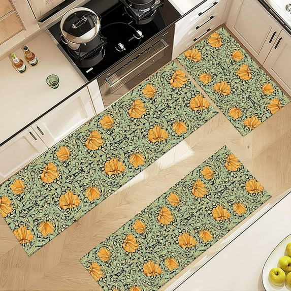 Kitchen Rugs Sets of 3 with Runner, Non Slip Kitchen Rugs and Mats Set, Soft and Washable Kitchen Floor Mat for Kitchen Floor Hallway Living Room Entryway, Floral Kitchen Area Rug