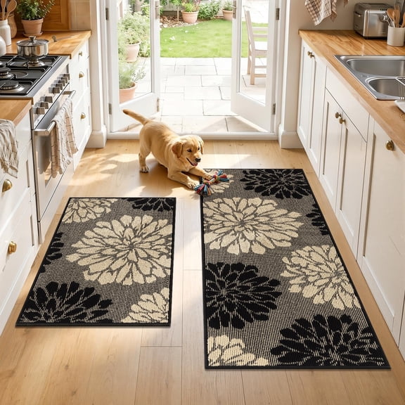 Kitchen Rugs Sets of 2, 24" x 36" + 24" x 60" Non Slip High-Low Textured Floral Washable Kitchen Runner