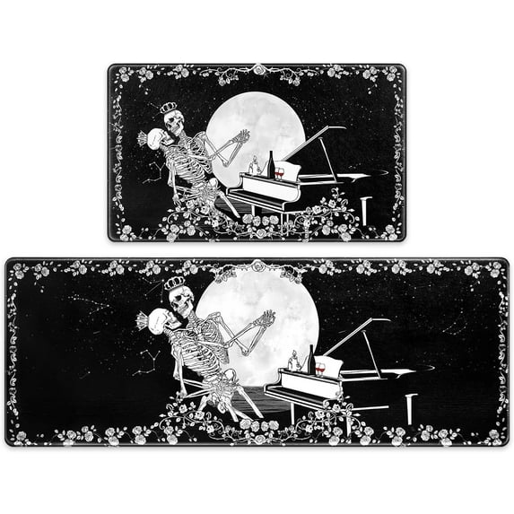 Kitchen Rugs Skull Kitchen Mats for Floor, Anti Fatigue Mats for Kitchen Floor Mat Cushioned, Dancing Lovers Kitchen Mat 2 Piece, Black and White Mats Non Skid Waterproof