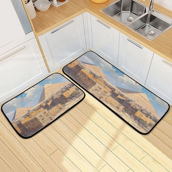 Kitchen Rugs and Mats【2 PCS】Non Skid Amels and Small Buildings Creative Kitchen Mat