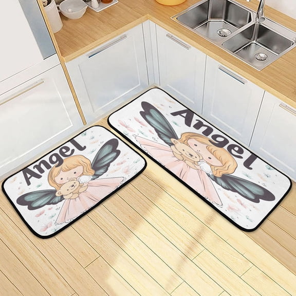 Kitchen Rugs and Mats2 PCSNon Skid Angel Holding Bear Drawing Creative Kitchen Mat