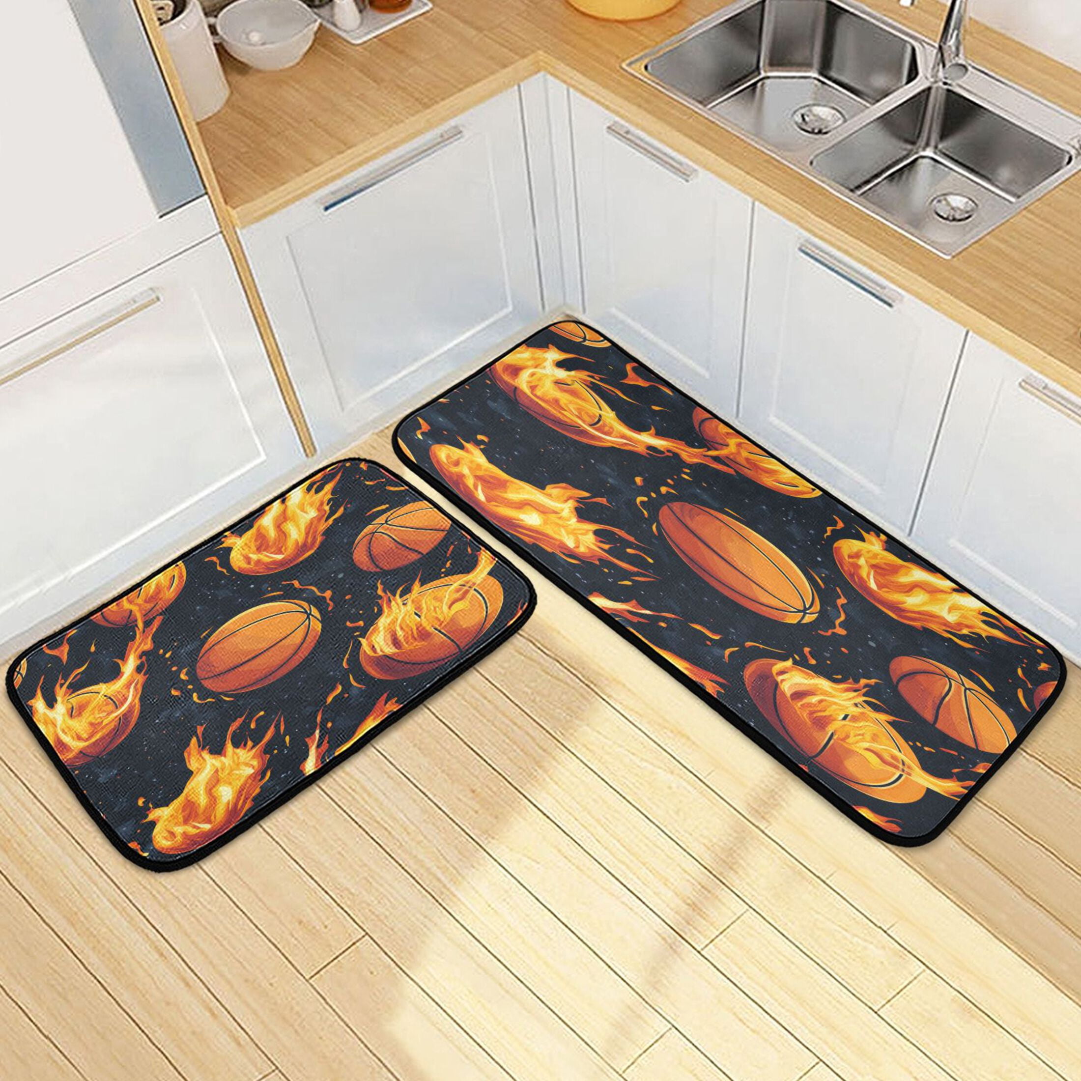 Kitchen Rugs and Mats【2 PCS】Non Skid Basketball with Flames Pattern ...