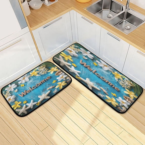 Kitchen Rugs and Mats【2 PCS】Non Skid Beach Elements Pattern Creative Kitchen Mat
