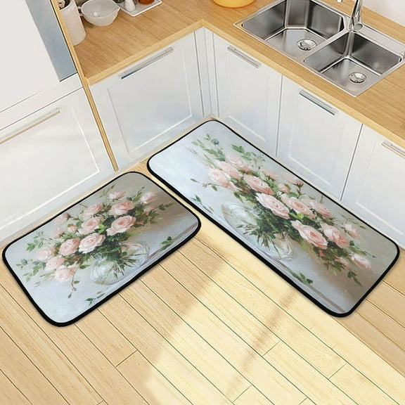 Kitchen Rugs and Mats2 PCSNon Skid Blush Roses Painting Creative Kitchen Mat