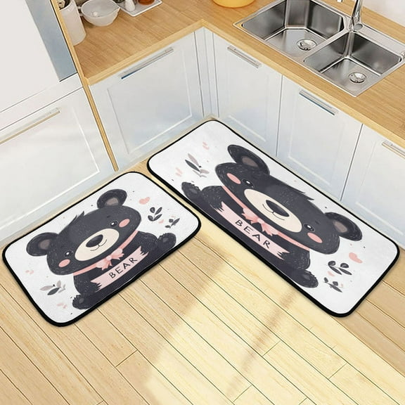 Kitchen Rugs and Mats2 PCSNon Skid Cartoon Black Bear Pattern Creative Kitchen Mat