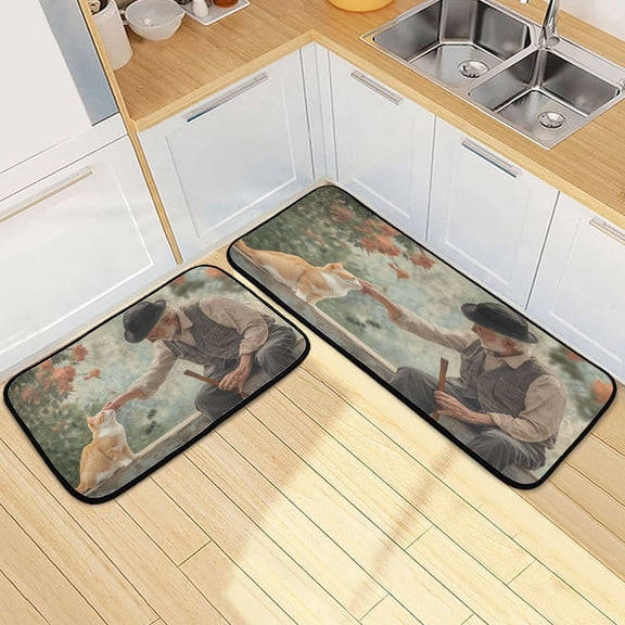 Kitchen Rugs and Mats2 PCSNon Skid Cat Play with Old Man Creative Kitchen Mat