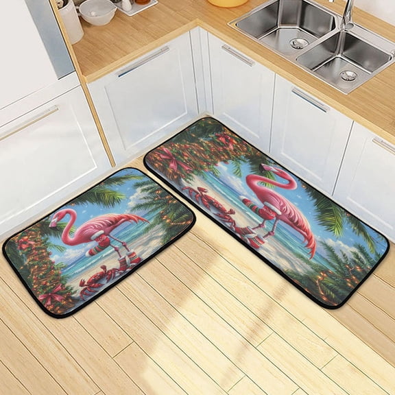 Kitchen Rugs and Mats2 PCSNon Skid Chrismas Flamingo Creative Kitchen Mat