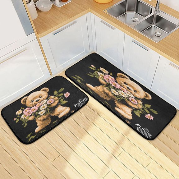 Kitchen Rugs and Mats2 PCSNon Skid Cute Bear Holding Flowers Creative Kitchen Mat