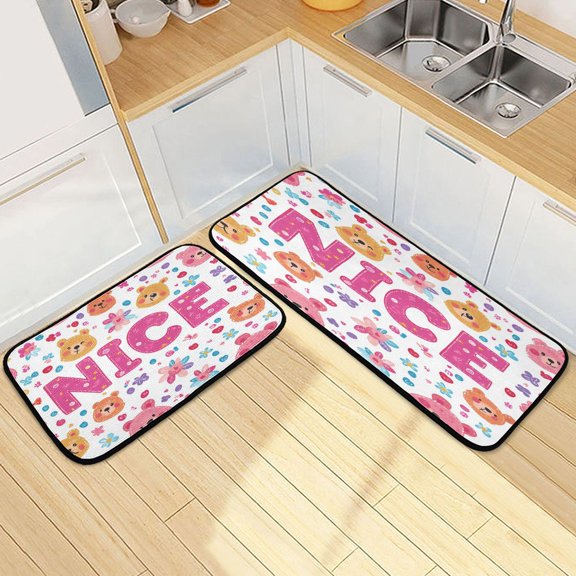 Kitchen Rugs and Mats2 PCSNon Skid Cute Bear Stylized Printing Creative Kitchen Mat