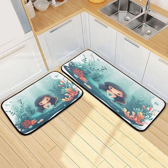 Kitchen Rugs and Mats2 PCSNon Skid Cute Cartoon Mermaid Creative Kitchen Mat
