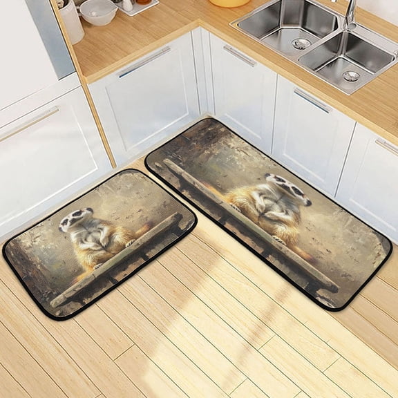 Kitchen Rugs and Mats2 PCSNon Skid Cute Meerkat Sitting on Wooden Creative Kitchen Mat