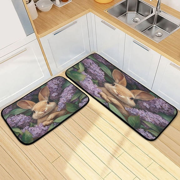 Kitchen Rugs and Mats2 PCSNon Skid Cute Rabbit Hide in The Foral Creative Kitchen Mat