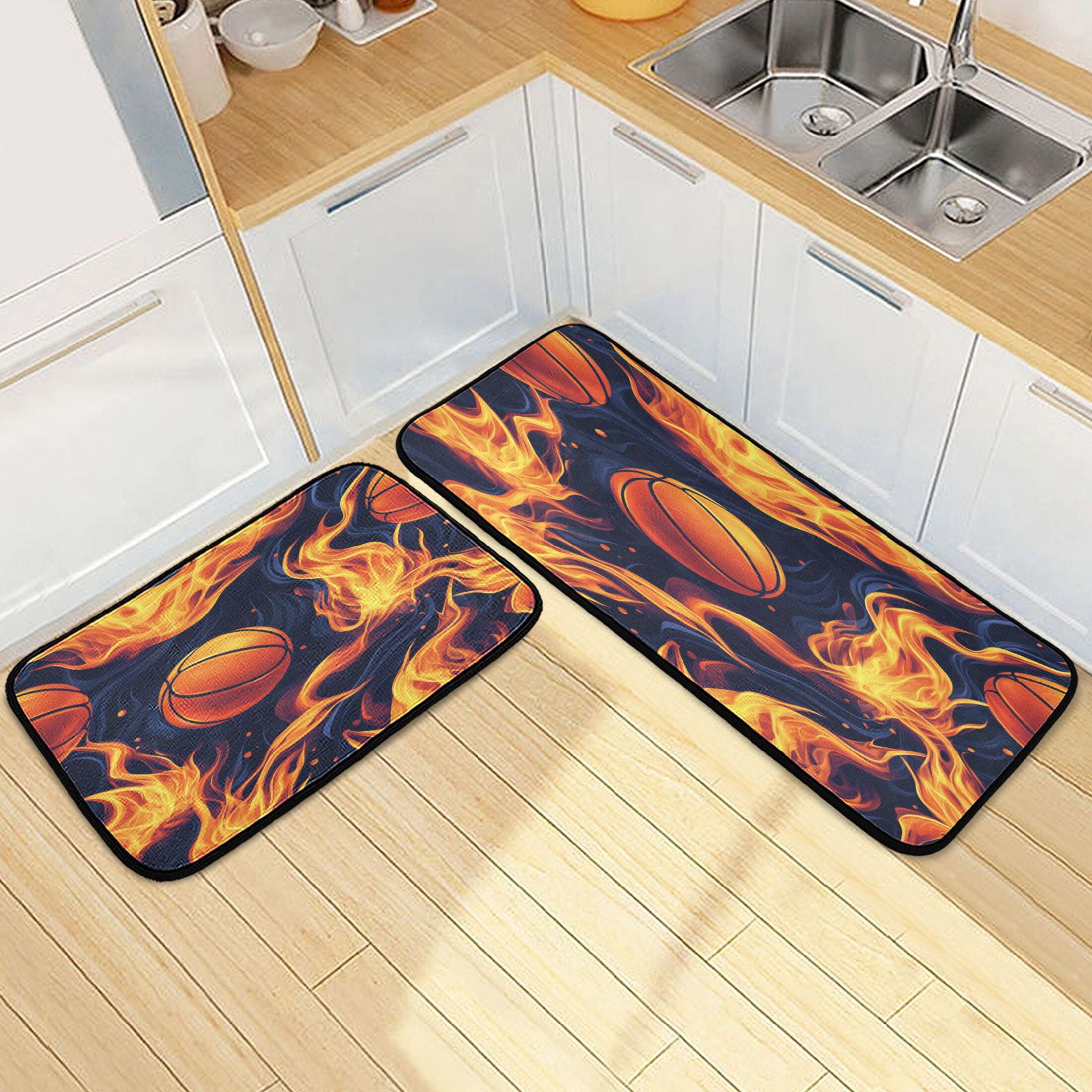 Kitchen Rugs and Mats【2 PCS】Non Skid Ffyy3_basketball_with_flames ...