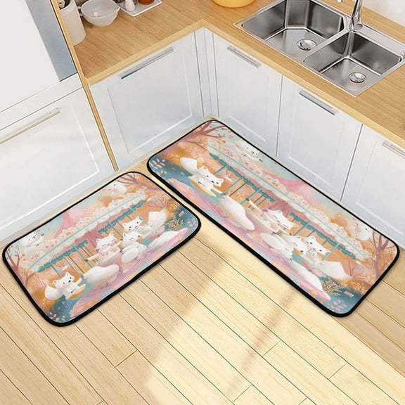 Kitchen Rugs and Mats2 PCSNon Skid Happy White Fox Creative Kitchen Mat