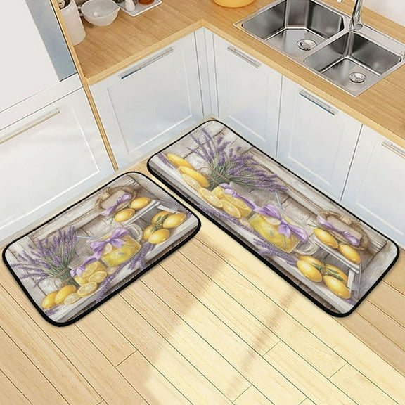 Kitchen Rugs and Mats【2 PCS】Non Skid Illustration Of Lemons Creative Kitchen Mat
