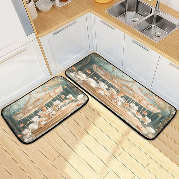 Kitchen Rugs and Mats2 PCSNon Skid Joyful White Fox Creative Kitchen Mat